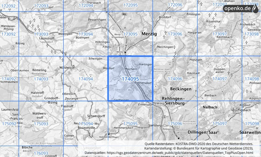 Übersichtskarte des KOSTRA-DWD-2020-Rasterfeldes Nr. 174095
