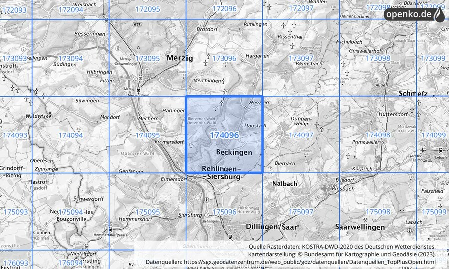 Übersichtskarte des KOSTRA-DWD-2020-Rasterfeldes Nr. 174096