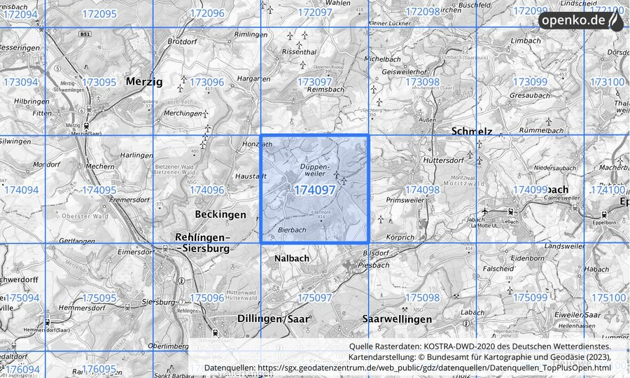 Übersichtskarte des KOSTRA-DWD-2020-Rasterfeldes Nr. 174097