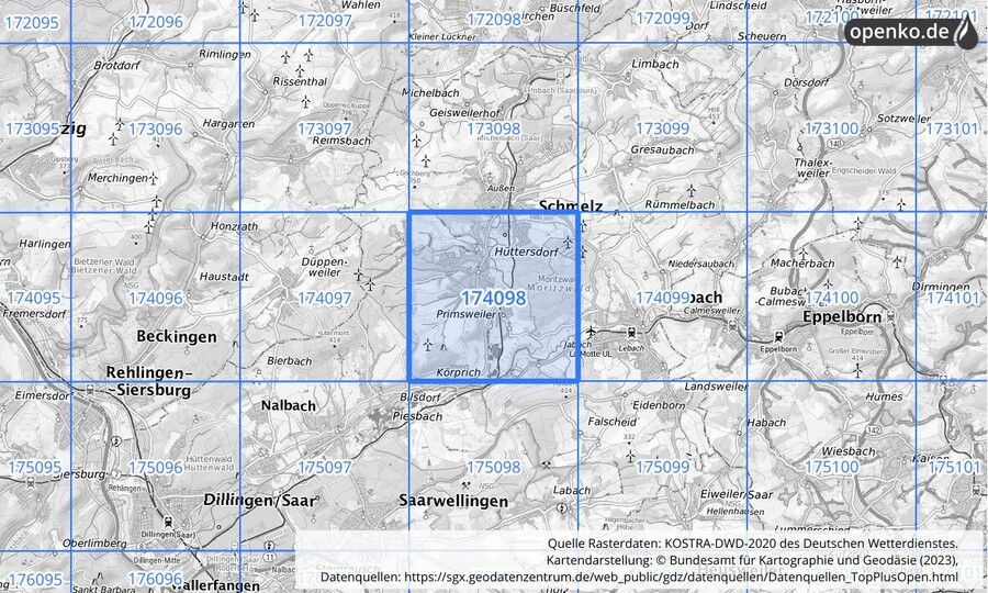 Übersichtskarte des KOSTRA-DWD-2020-Rasterfeldes Nr. 174098