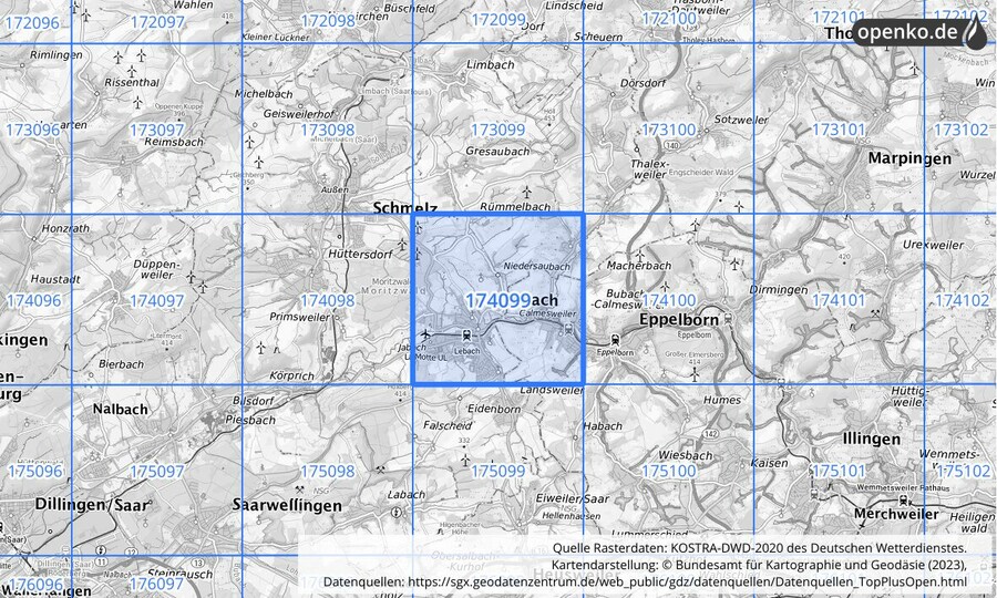 Übersichtskarte des KOSTRA-DWD-2020-Rasterfeldes Nr. 174099