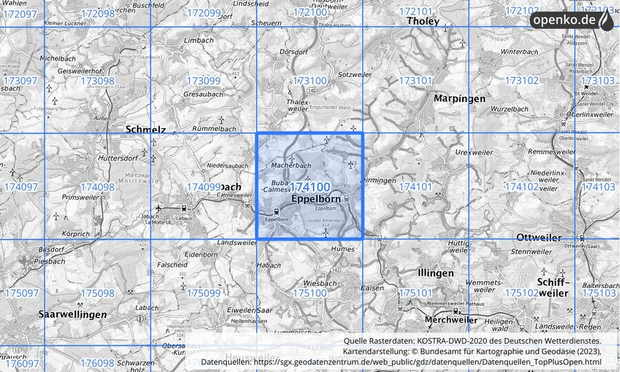 Übersichtskarte des KOSTRA-DWD-2020-Rasterfeldes Nr. 174100
