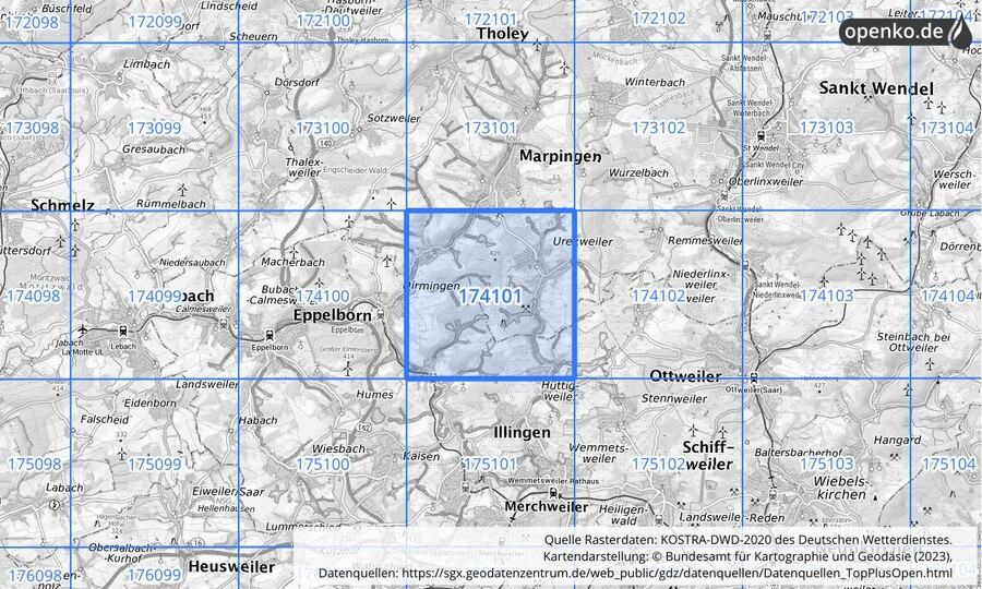 Übersichtskarte des KOSTRA-DWD-2020-Rasterfeldes Nr. 174101