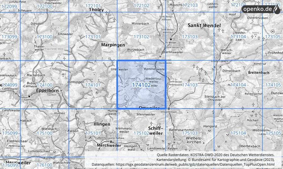 Übersichtskarte des KOSTRA-DWD-2020-Rasterfeldes Nr. 174102