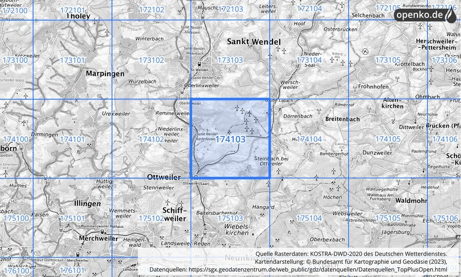Übersichtskarte des KOSTRA-DWD-2020-Rasterfeldes Nr. 174103