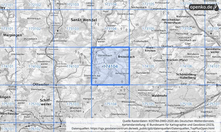 Übersichtskarte des KOSTRA-DWD-2020-Rasterfeldes Nr. 174104
