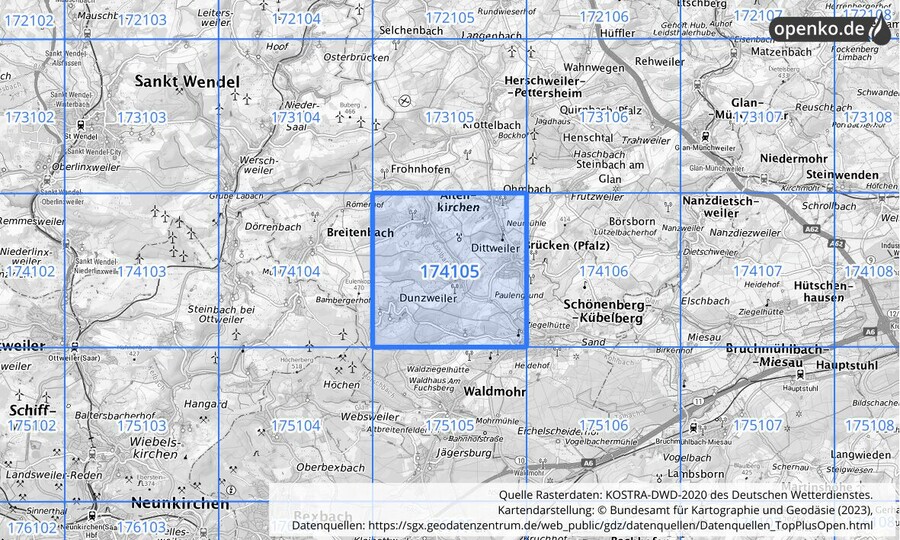 Übersichtskarte des KOSTRA-DWD-2020-Rasterfeldes Nr. 174105