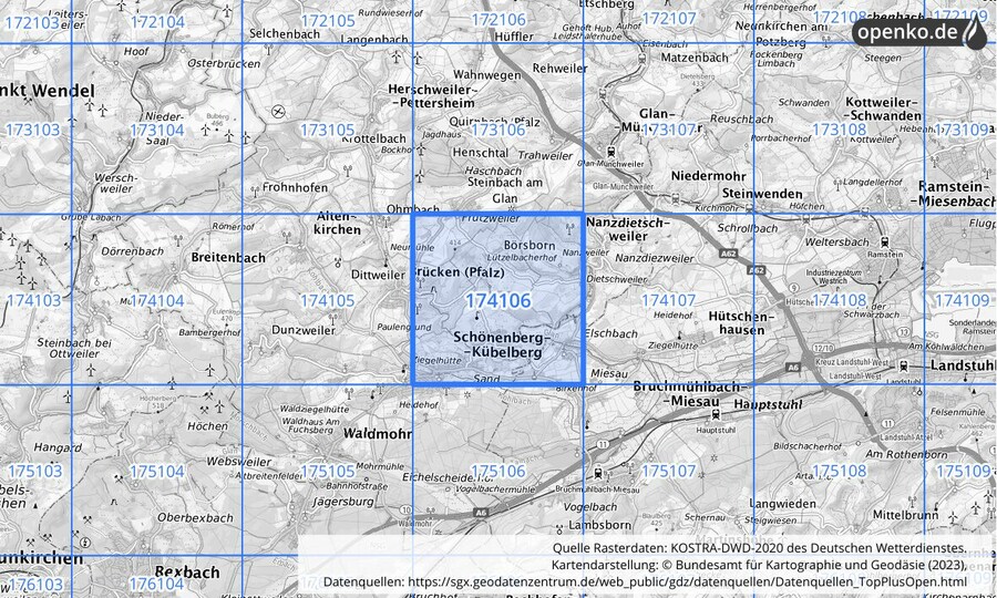 Übersichtskarte des KOSTRA-DWD-2020-Rasterfeldes Nr. 174106
