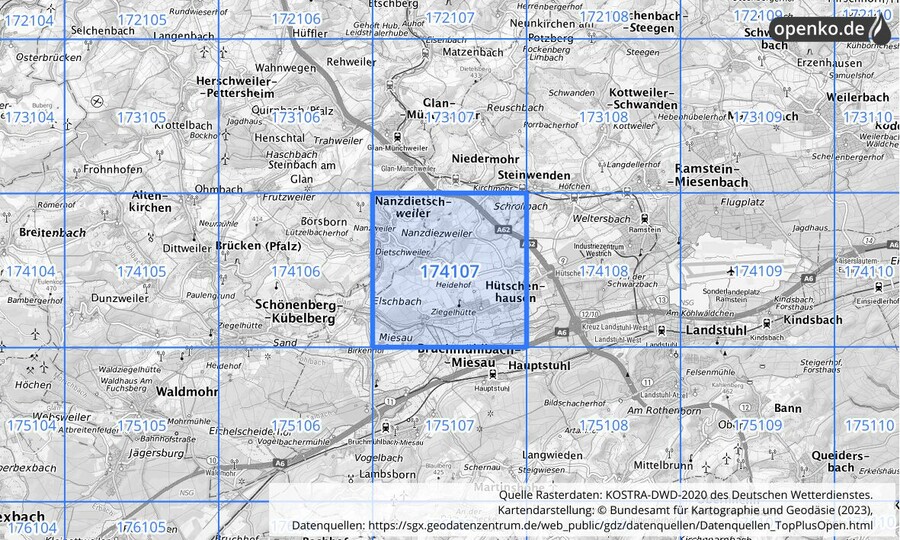 Übersichtskarte des KOSTRA-DWD-2020-Rasterfeldes Nr. 174107