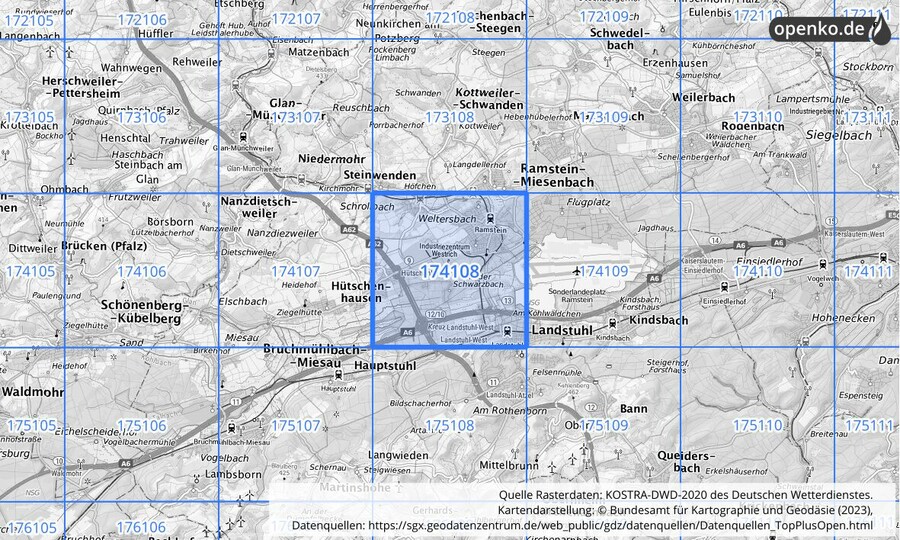 Übersichtskarte des KOSTRA-DWD-2020-Rasterfeldes Nr. 174108