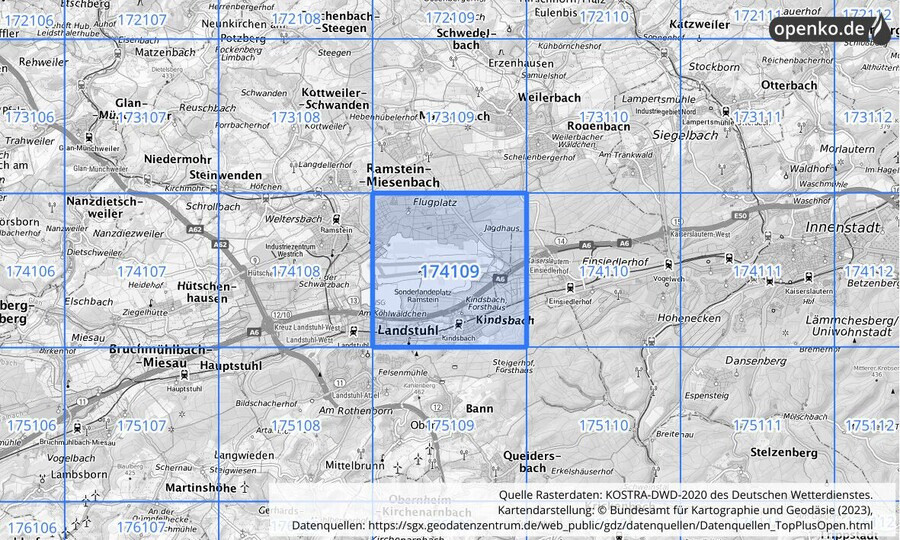 Übersichtskarte des KOSTRA-DWD-2020-Rasterfeldes Nr. 174109