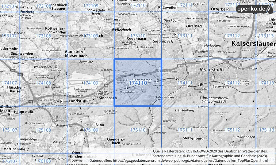 Übersichtskarte des KOSTRA-DWD-2020-Rasterfeldes Nr. 174110