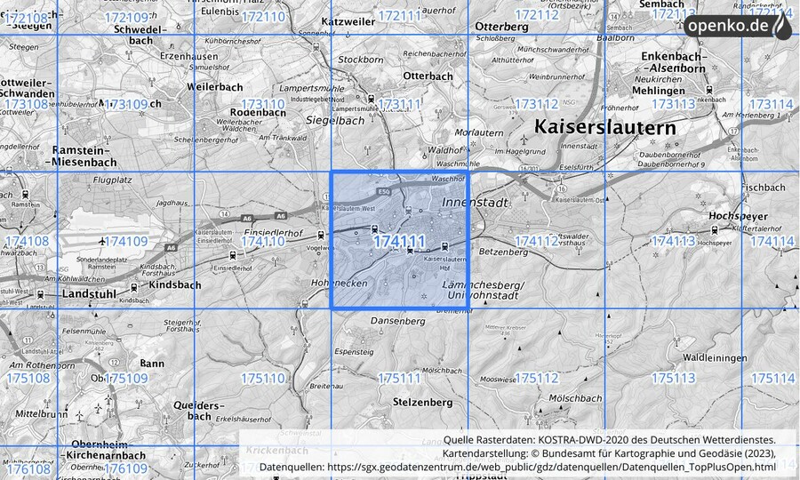 Übersichtskarte des KOSTRA-DWD-2020-Rasterfeldes Nr. 174111