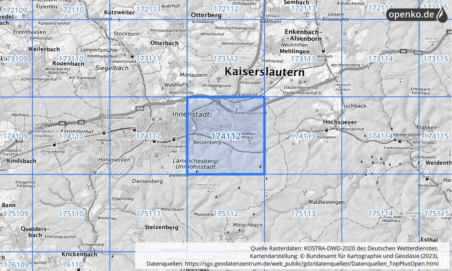 Übersichtskarte des KOSTRA-DWD-2020-Rasterfeldes Nr. 174112