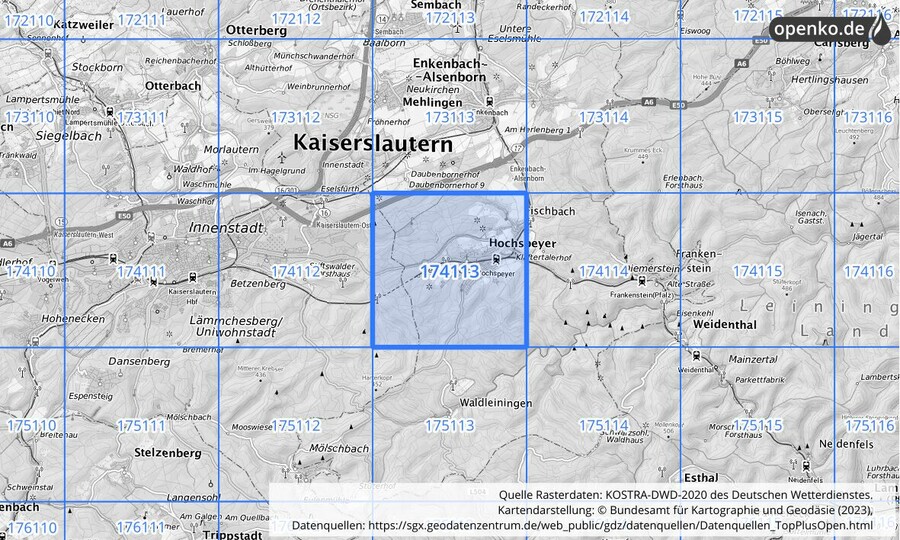 Übersichtskarte des KOSTRA-DWD-2020-Rasterfeldes Nr. 174113