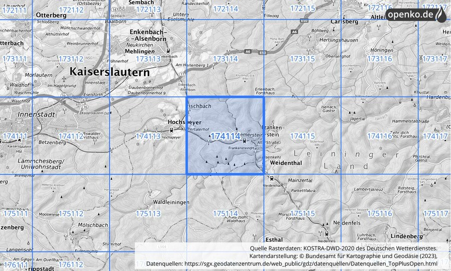 Übersichtskarte des KOSTRA-DWD-2020-Rasterfeldes Nr. 174114