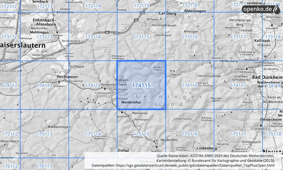 Übersichtskarte des KOSTRA-DWD-2020-Rasterfeldes Nr. 174115