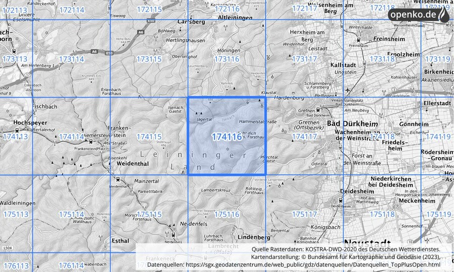 Übersichtskarte des KOSTRA-DWD-2020-Rasterfeldes Nr. 174116