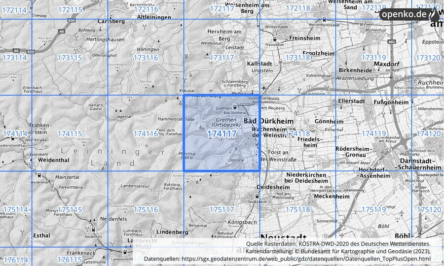 Übersichtskarte des KOSTRA-DWD-2020-Rasterfeldes Nr. 174117