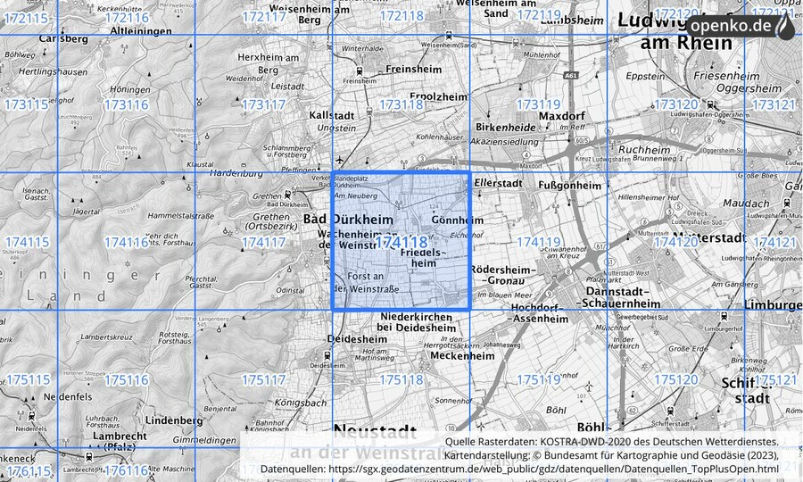 Übersichtskarte des KOSTRA-DWD-2020-Rasterfeldes Nr. 174118