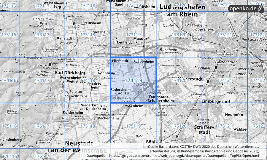 Übersichtskarte des KOSTRA-DWD-2020-Rasterfeldes Nr. 174119