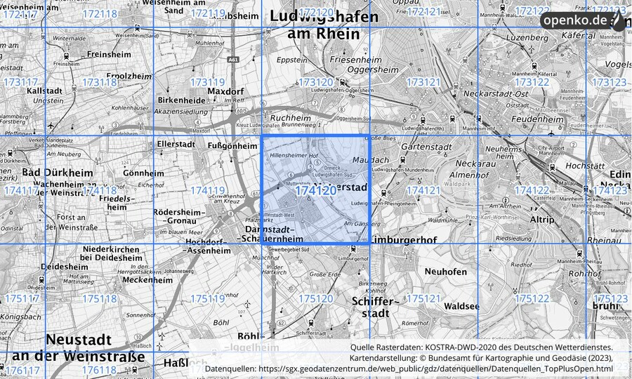 Übersichtskarte des KOSTRA-DWD-2020-Rasterfeldes Nr. 174120