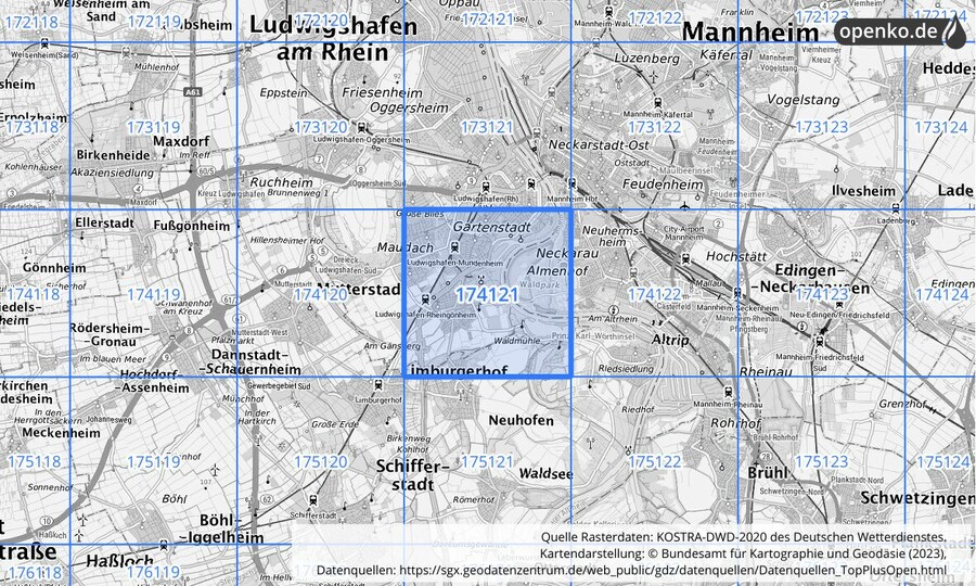 Übersichtskarte des KOSTRA-DWD-2020-Rasterfeldes Nr. 174121