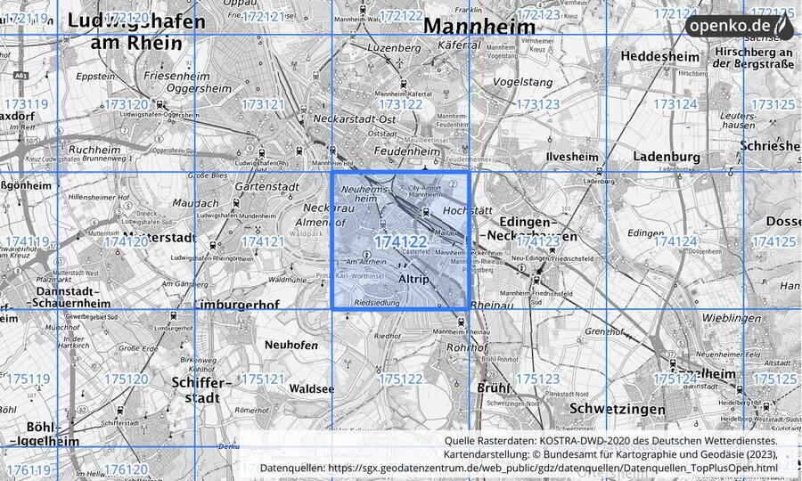 Übersichtskarte des KOSTRA-DWD-2020-Rasterfeldes Nr. 174122