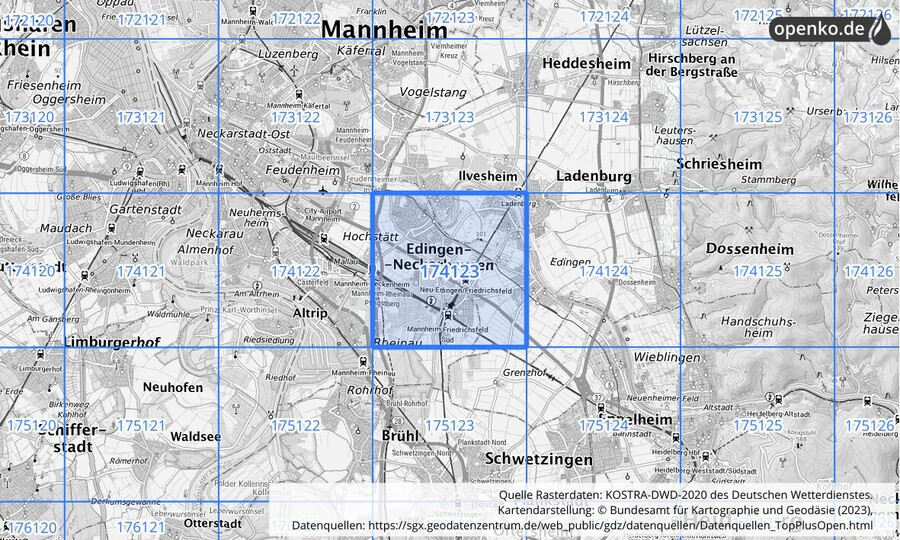 Übersichtskarte des KOSTRA-DWD-2020-Rasterfeldes Nr. 174123