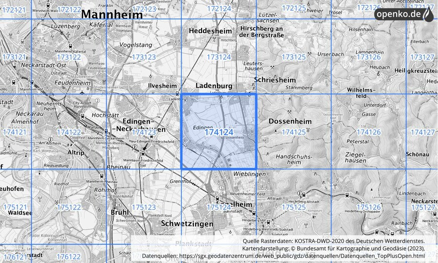 Übersichtskarte des KOSTRA-DWD-2020-Rasterfeldes Nr. 174124