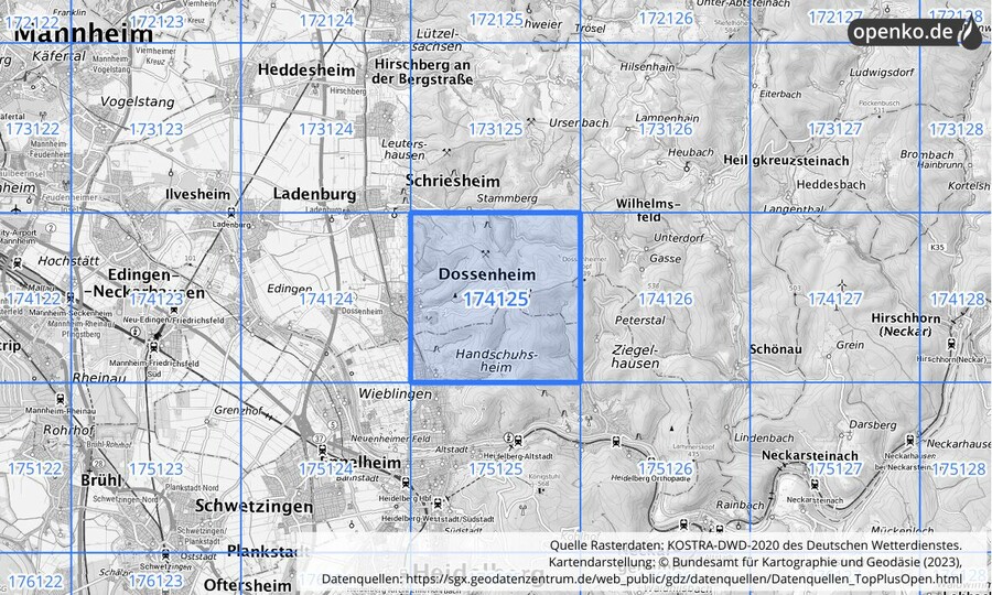Übersichtskarte des KOSTRA-DWD-2020-Rasterfeldes Nr. 174125