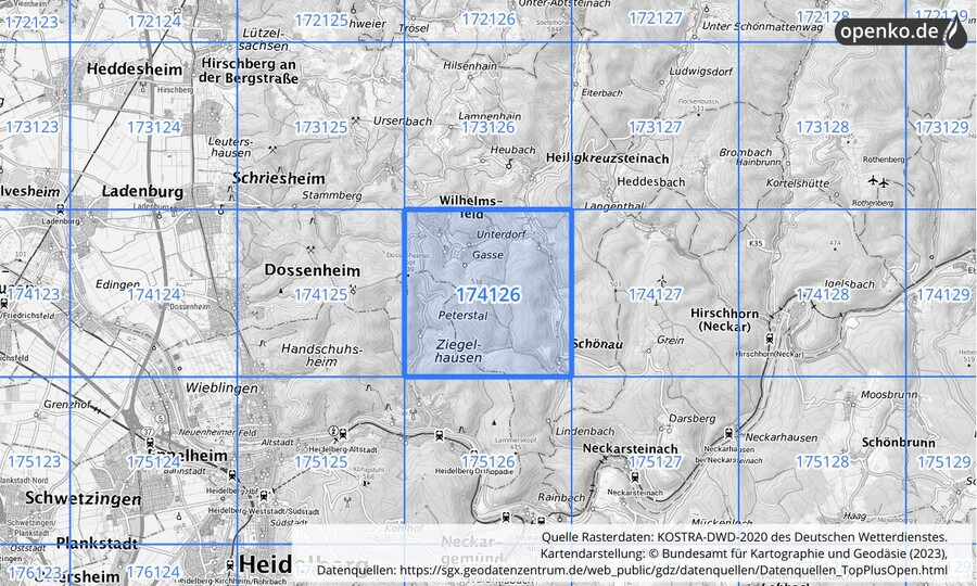 Übersichtskarte des KOSTRA-DWD-2020-Rasterfeldes Nr. 174126