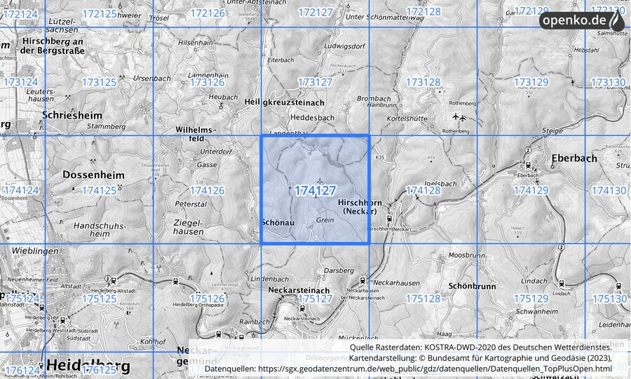 Übersichtskarte des KOSTRA-DWD-2020-Rasterfeldes Nr. 174127