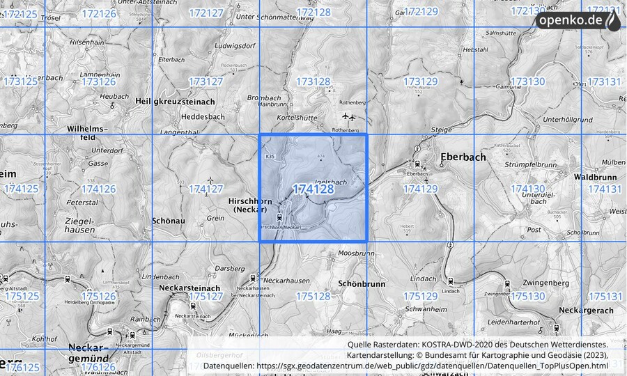 Übersichtskarte des KOSTRA-DWD-2020-Rasterfeldes Nr. 174128