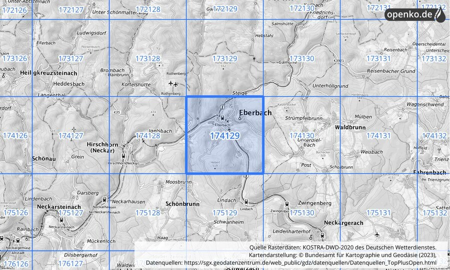 Übersichtskarte des KOSTRA-DWD-2020-Rasterfeldes Nr. 174129