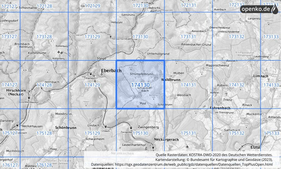 Übersichtskarte des KOSTRA-DWD-2020-Rasterfeldes Nr. 174130