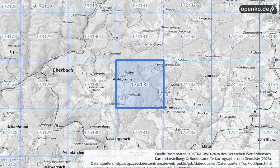 Übersichtskarte des KOSTRA-DWD-2020-Rasterfeldes Nr. 174131