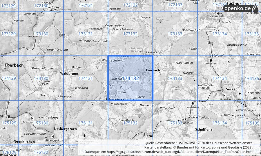 Übersichtskarte des KOSTRA-DWD-2020-Rasterfeldes Nr. 174132