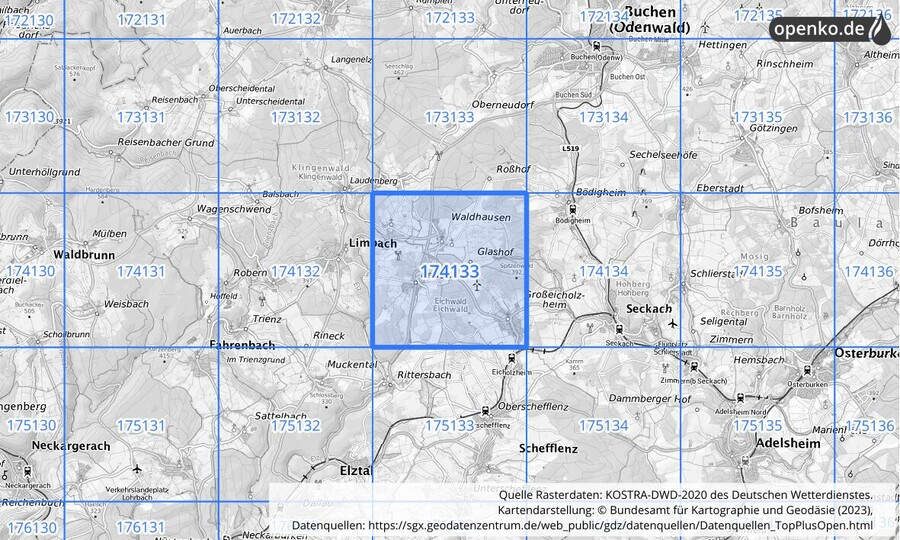 Übersichtskarte des KOSTRA-DWD-2020-Rasterfeldes Nr. 174133