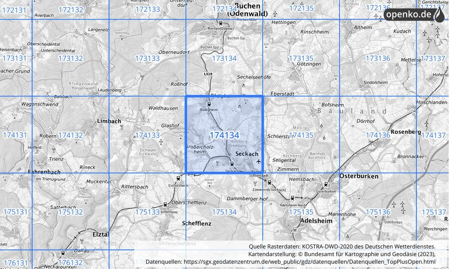 Übersichtskarte des KOSTRA-DWD-2020-Rasterfeldes Nr. 174134