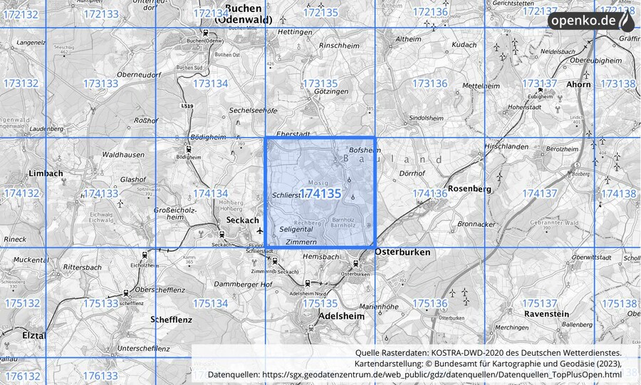 Übersichtskarte des KOSTRA-DWD-2020-Rasterfeldes Nr. 174135
