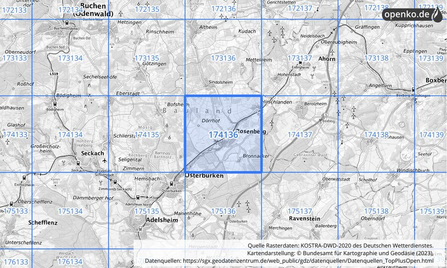 Übersichtskarte des KOSTRA-DWD-2020-Rasterfeldes Nr. 174136