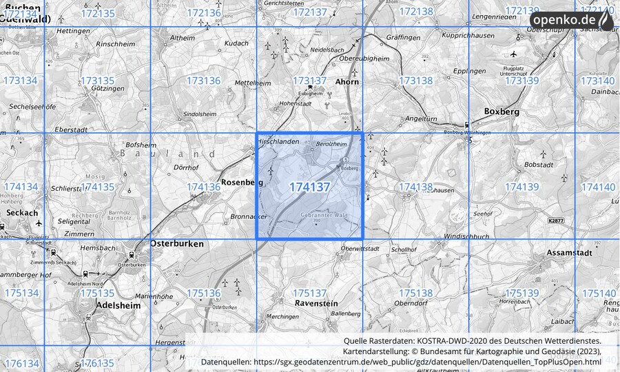 Übersichtskarte des KOSTRA-DWD-2020-Rasterfeldes Nr. 174137