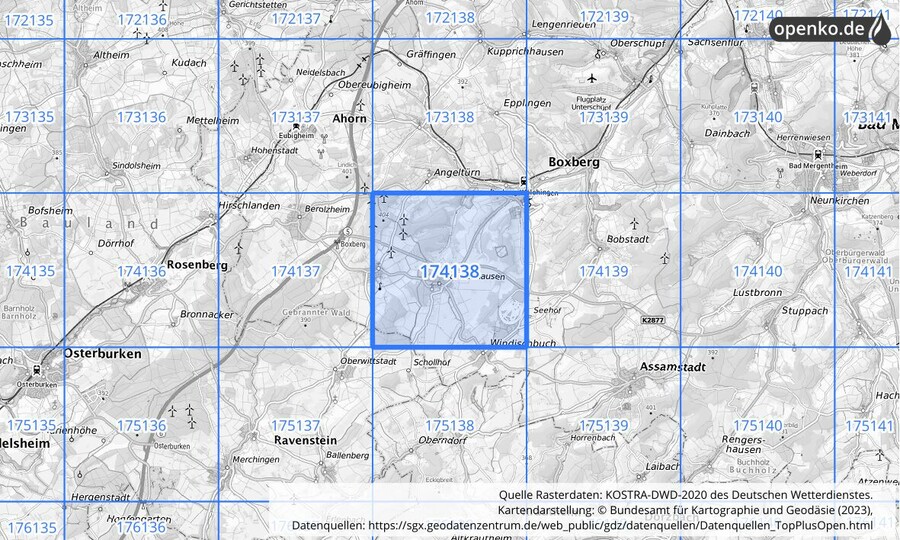 Übersichtskarte des KOSTRA-DWD-2020-Rasterfeldes Nr. 174138