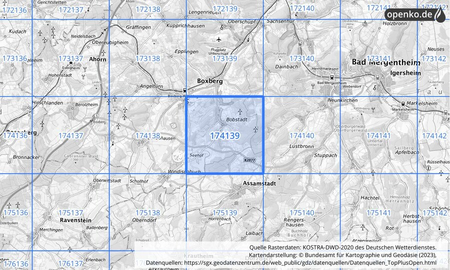 Übersichtskarte des KOSTRA-DWD-2020-Rasterfeldes Nr. 174139