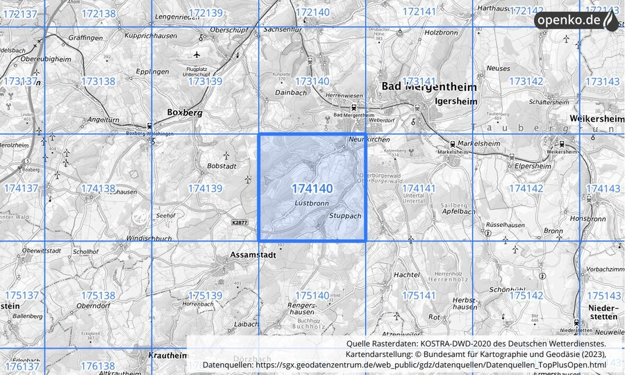 Übersichtskarte des KOSTRA-DWD-2020-Rasterfeldes Nr. 174140