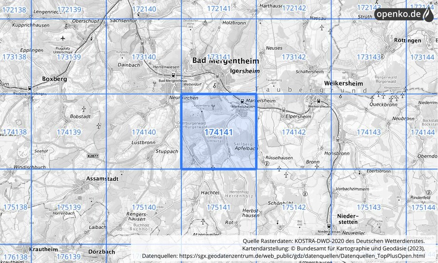 Übersichtskarte des KOSTRA-DWD-2020-Rasterfeldes Nr. 174141