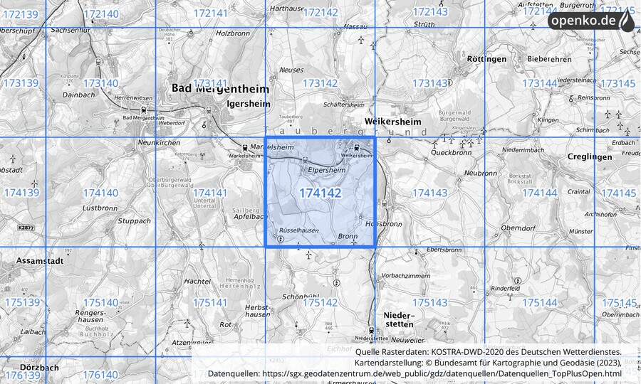 Übersichtskarte des KOSTRA-DWD-2020-Rasterfeldes Nr. 174142