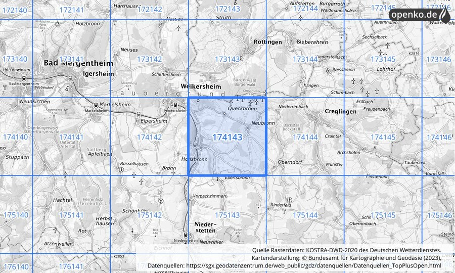 Übersichtskarte des KOSTRA-DWD-2020-Rasterfeldes Nr. 174143