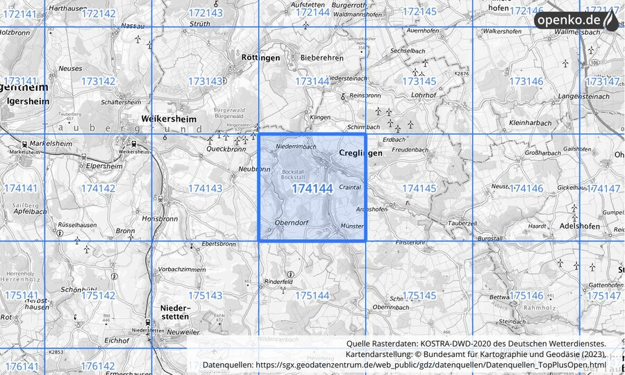 Übersichtskarte des KOSTRA-DWD-2020-Rasterfeldes Nr. 174144